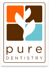 Pure Dentistry logo featuring stylized dove symbol in orange, brown, and teal squares.