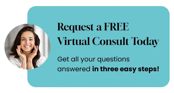Woman smiling in turquoise banner promoting free virtual dental consultation in three easy steps